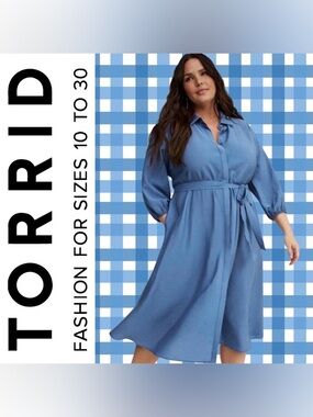 Torrid Blue Horizon Collared Tie-Front Midi Shirt Dress, Large, NWT!